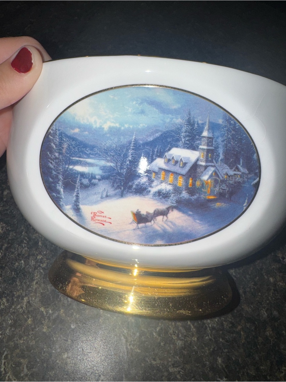 Thomas Kinkade White Ceramic Holiday Bowl with Gold Trim
